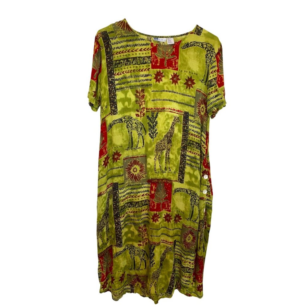 La Cera Womens Green & Red Giraffe Print Short Sleeve Dress Resort Beach Size L